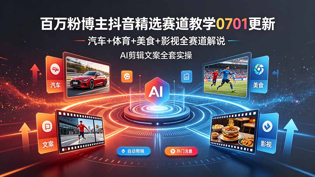 百万粉博主抖音精选赛道教学-0701更新，汽车+体育+美食+影视全赛道解说，AI剪辑文案全套实操-搞钱利器