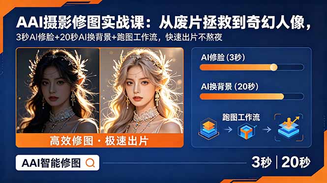 AI摄影修图实战课：从废片拯救 到 奇幻人像，3秒AI修脸+20秒AI换背景+跑图工作流，快速出片不熬夜-搞钱利器