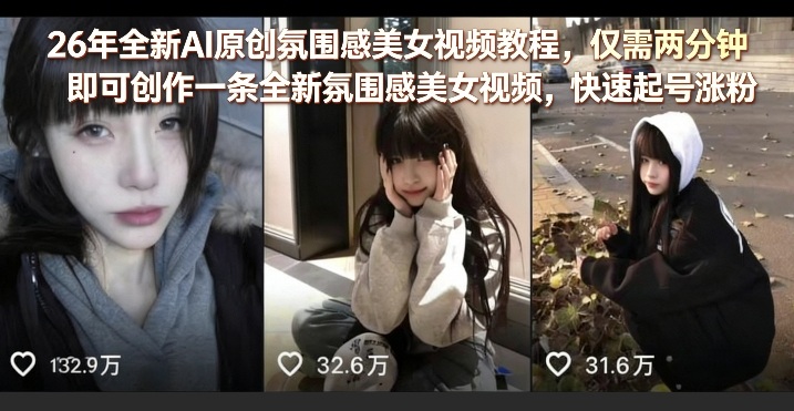 26年全新AI原创氛围感美女视频教程，仅需两分钟即可创作一条全新氛围感美女视频，快速起号涨粉-搞钱利器