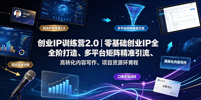 创业IP训练营2.0｜零基础创业IP全阶打造、多平台矩阵精准引流、高转化内容写作、项目资源对接与口碑变现闭环课程-搞钱利器
