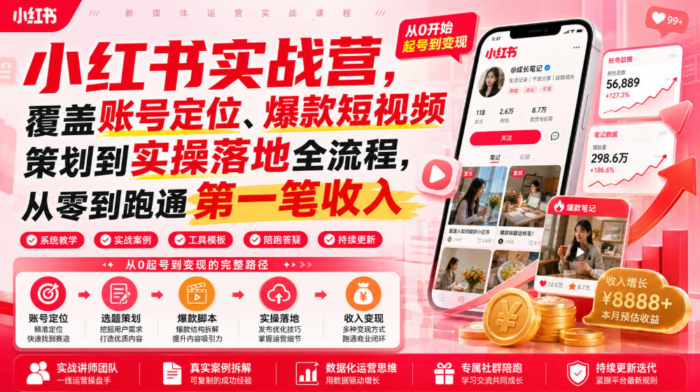 小红书实战营，覆盖账号定位、爆款短视频策划到实操落地全流程，从零到跑通第一笔收入-搞钱利器