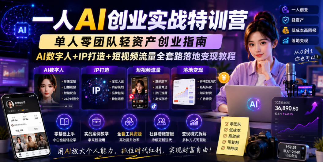 一人AI创业实战特训营，单人零团队轻资产创业指南，AI数字人+IP打造+短视频流量全套路落地变现教程-搞钱利器