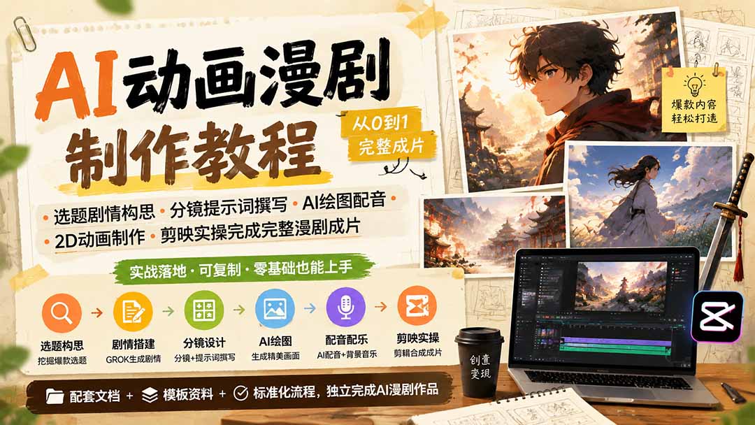 AI动画漫剧制作教程｜选题剧情构思·分镜提示词撰写·AI绘图配音·2D动画制作·剪映实操完成完整漫剧成片-搞钱利器
