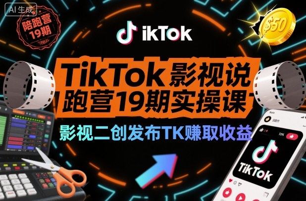 TikTok影视解说陪跑营19期实操课,影视二创发布TK賺取收益,万播收益50美金(更新)-搞钱利器