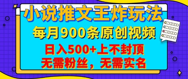 小说推文王炸玩法，一键代发，每月最多领900条原创视频，播放量收益日入5张，无需粉丝，无需实名【揭秘】-搞钱利器