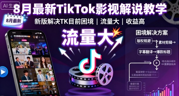 8月最新TikTok影视解说教学，新版解决TK目前困境，流量大，收益高-搞钱利器