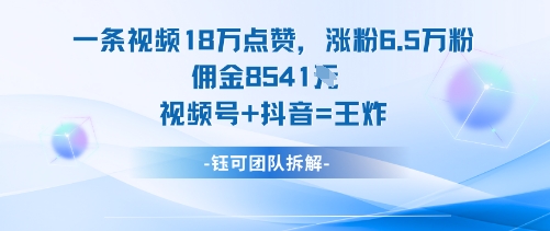 一条视频18W点赞，涨粉6.5W粉佣金8541米，视频号+抖音=王炸-搞钱利器