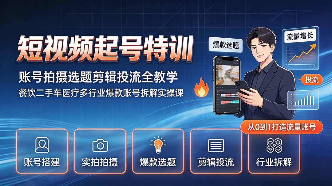 短视频起号特训｜账号拍摄选题剪辑投流全教学，餐饮二手车医疗多行业爆款账号拆解实操课-搞钱利器