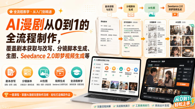 AI漫剧从0到1的全流程制作，覆盖剧本获取与改写、分镜脚本生成、角色场景生图与三视图、Seedance 2.0即梦视频生成(PDF版)-搞钱利器