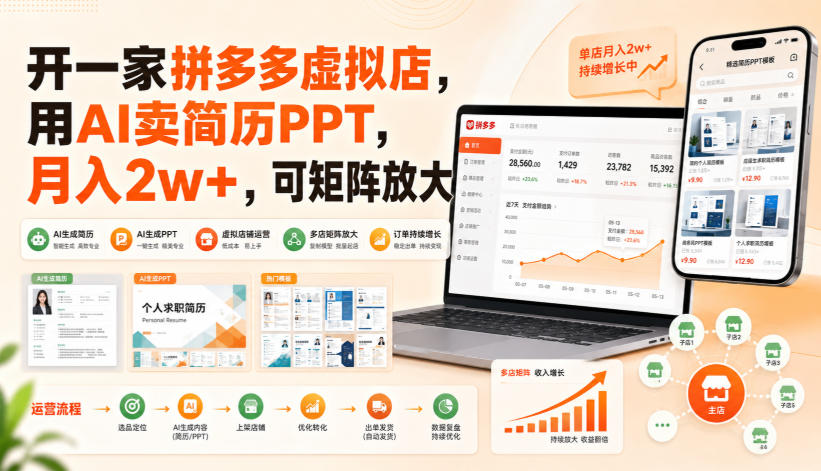 开一家拼多多虚拟店，用AI卖简历PPT，月入2w+，可矩阵放大【揭秘】-搞钱利器