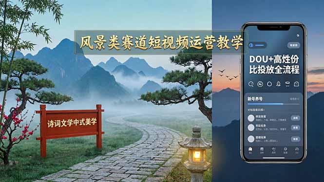 风景类赛道短视频运营教学：诗词文学中式美学，新号养号对标账号定位，DOU+高性价比投放全流程-搞钱利器