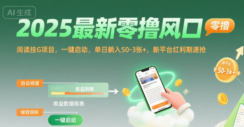 2025最新零撸风口，阅读挂G项目，一键启动，单日躺入 50-3张+，新平台红利期速抢【揭秘】-搞钱利器