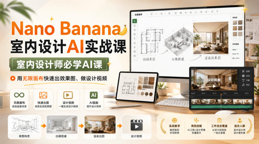 Nano Banana室内设计AI实战课，室内设计师必学AI课，用无限画布快速出效果图、做设计视频-搞钱利器