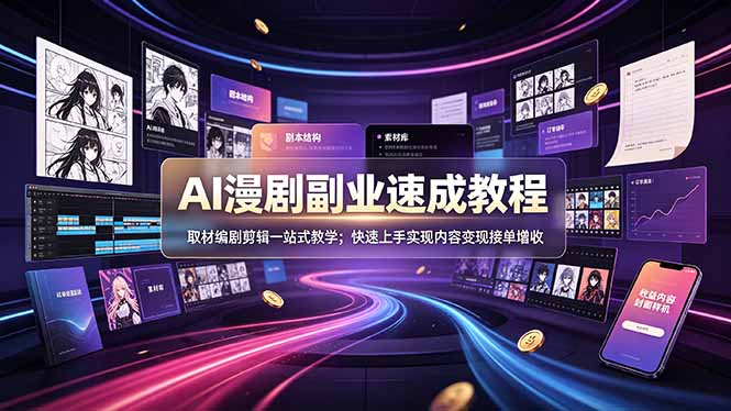 AI漫剧副业速成教程，取材编剧剪辑一站式教学；快速上手实现内容变现接单增收-搞钱利器