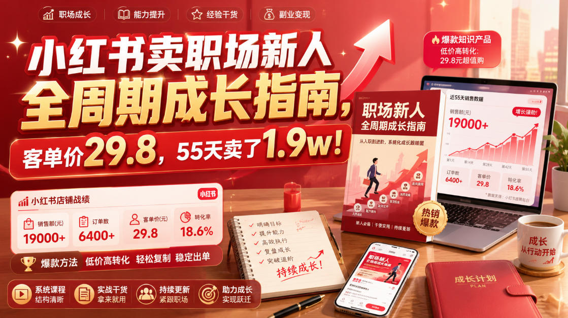 小红书卖职场新人全周期成长指南，客单价29.8，55天卖了1.9w！-搞钱利器