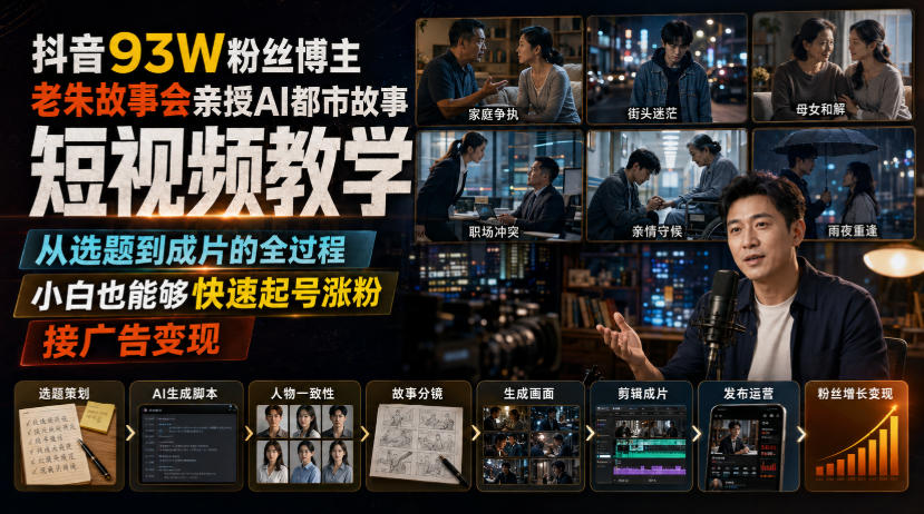 抖音93W粉丝博主老朱故事会亲授AI都市故事短视频教学，从选题到成片的全过程，小白也能够快速起号涨粉接广告变现-搞钱利器