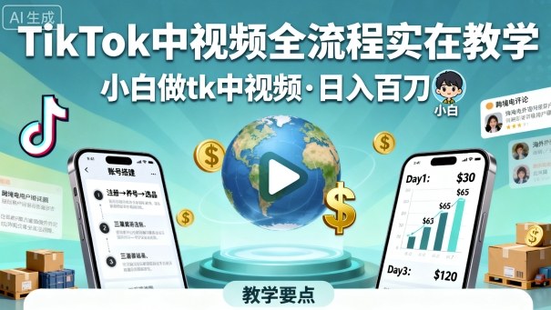 TikTok中视频全流程实操教学，小白做tk中视频，日入百刀-搞钱利器