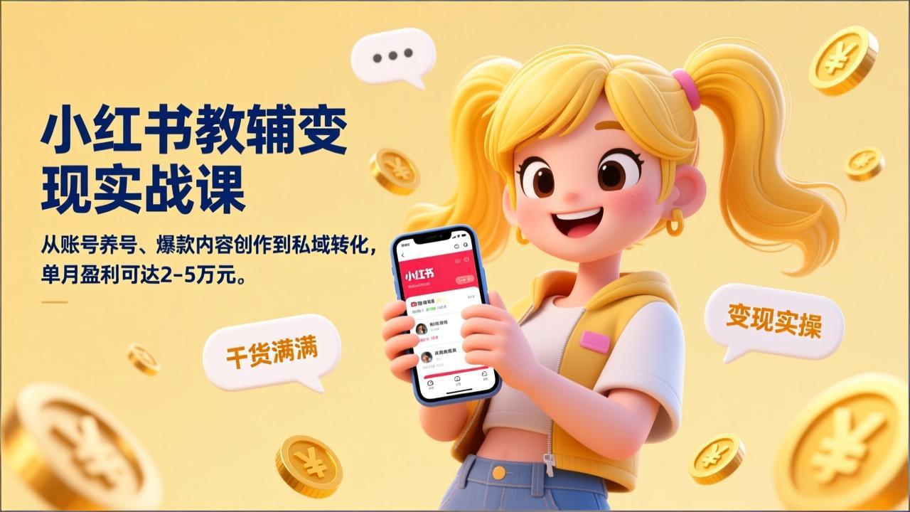 小红书教辅变现实战课，从账号养号、爆款内容创作到私域转化，单月盈利可达2-5万元-搞钱利器