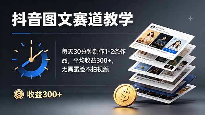 抖音图文赛道教学：每天30分钟制作1-2条作品，平均收益300+，无需露脸不拍视频-搞钱利器