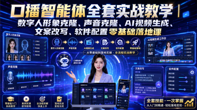 口播智能体全套实战教学｜数字人形象克隆、声音克隆、AI视频生成、文案改写、软件配置零基础落地课-搞钱利器