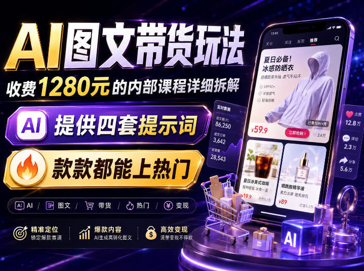 AI图文带货内部玩法，1280内部课程对外系统拆解，看完直接上手变现！-搞钱利器