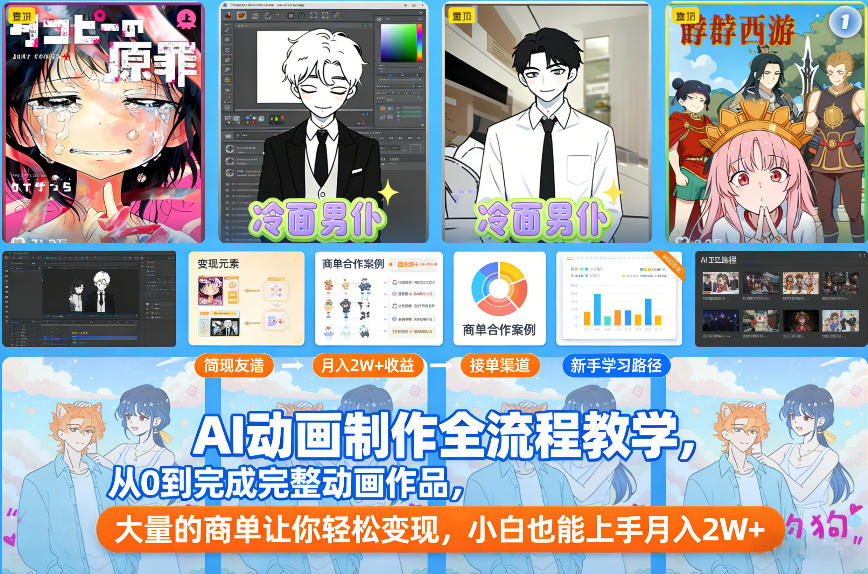 AI动画制作全流程教学，从0到完成完整动画作品，大量的商单让你轻松变现，小白也能上手月入2W+-搞钱利器