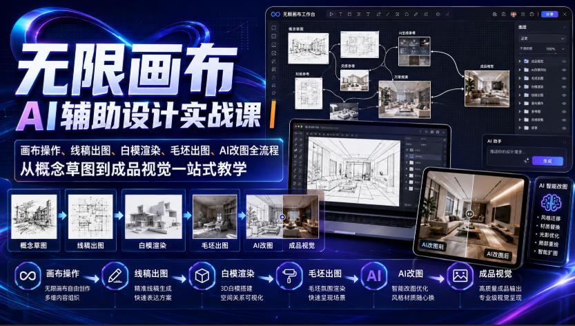 无限画布AI辅助设计实战课｜画布操作、线稿出图、白模渲染、毛坯出图、AI改图全流程，从概念草图到成品视觉一站式教学-搞钱利器