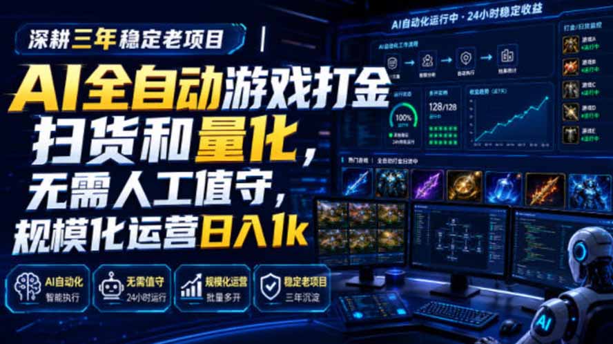 AI全自动游戏打金扫货和量化，规模化运营日入1k，深耕三年稳定老项目！-搞钱利器