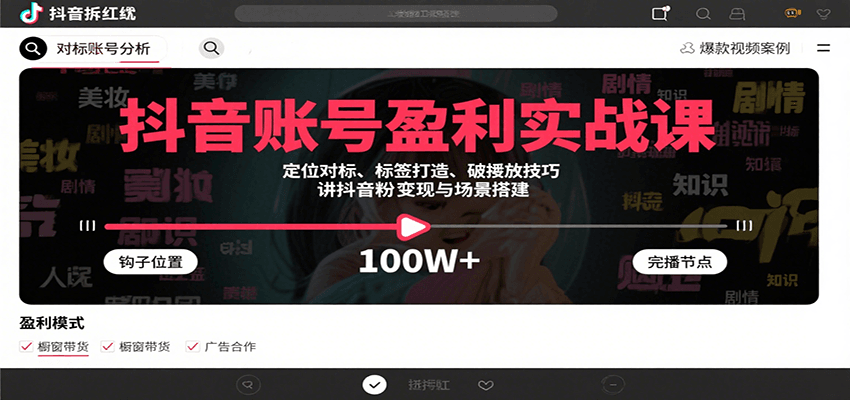 抖音账号盈利实战课，定位对标、标签打造、破播放技巧，讲涨粉变现与场景搭建-搞钱利器