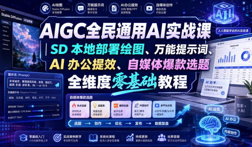 AIGC全民通用AI实战课｜SD本地部署绘图、万能提示词、AI办公提效、自媒体爆款选题全维度零基础教程-搞钱利器