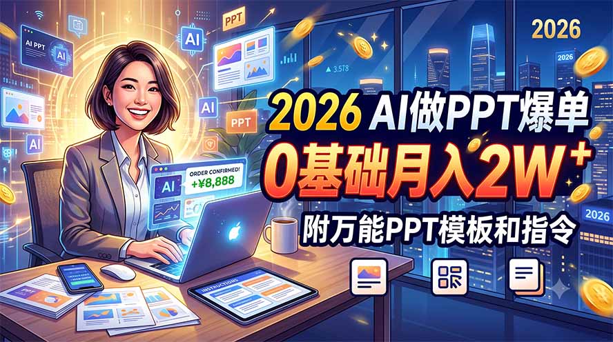 2026 AI做PPT爆单，0基础月入2W，附万能PPT模板和指令-搞钱利器