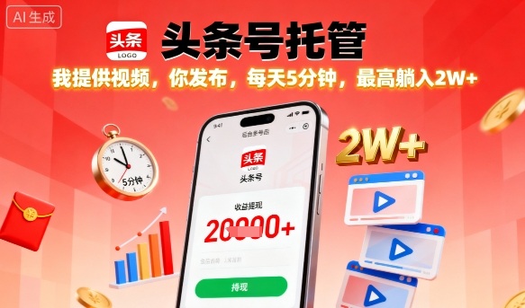 【头条号托管】我提供视频，你发布，每天5分钟，最高躺入2W+【揭秘】-搞钱利器