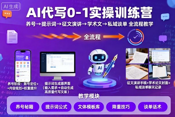 AI代写0-1实操训练营，从养号、提示词、征文演讲、学术文，到私域谈单的全流程教学-搞钱利器