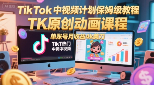 TikTok中视频计划保姆级教程，TK原创动画课程，单账号月收益4k美刀-搞钱利器