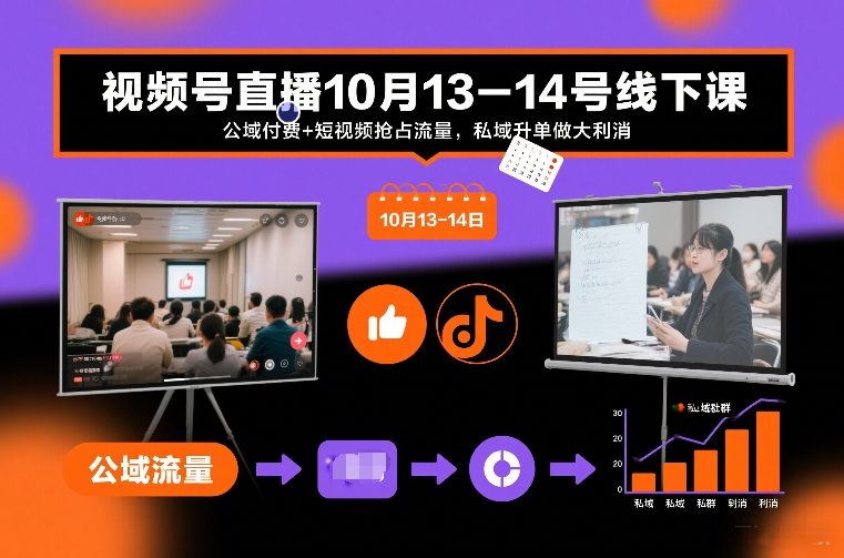 视频号直播10月13-14号线下课，公域付费+短视频抢占流量，私域升单做大利消-搞钱利器