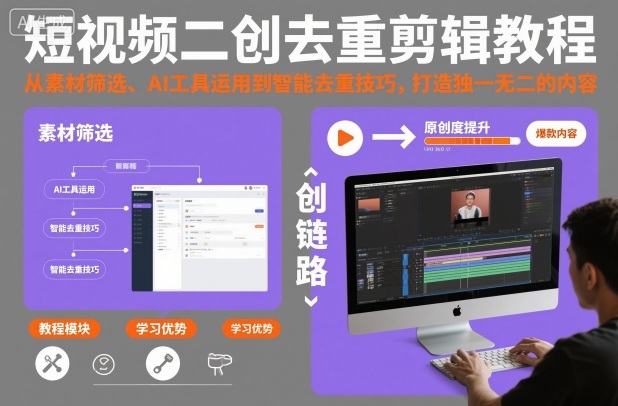 短视频二创去重剪辑教程，从素材筛选、AI工具运用到智能去重技巧，打造独一无二的内容-搞钱利器