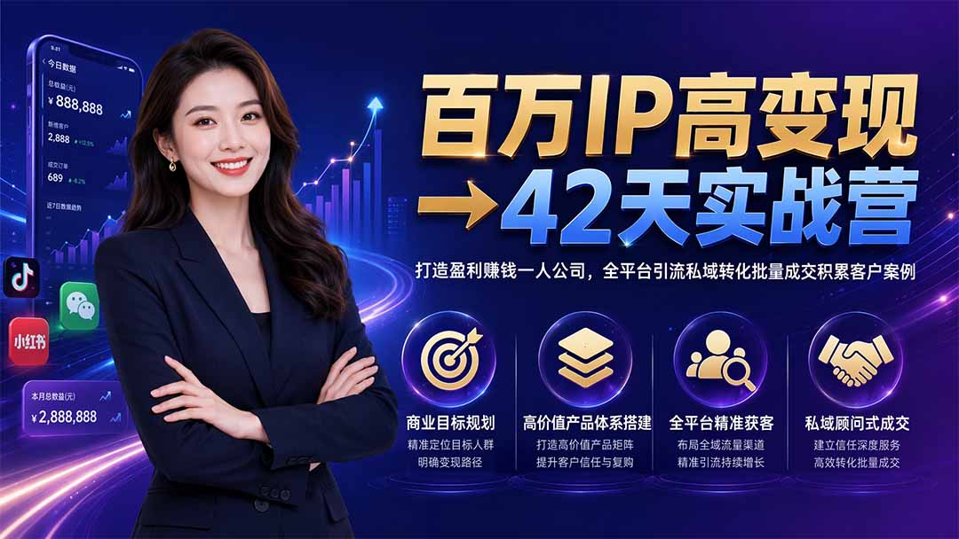 百万IP高变现→42天实战营｜打造盈利赚钱一人公司，全平台引流私域转化批量成交积累客户案例-搞钱利器