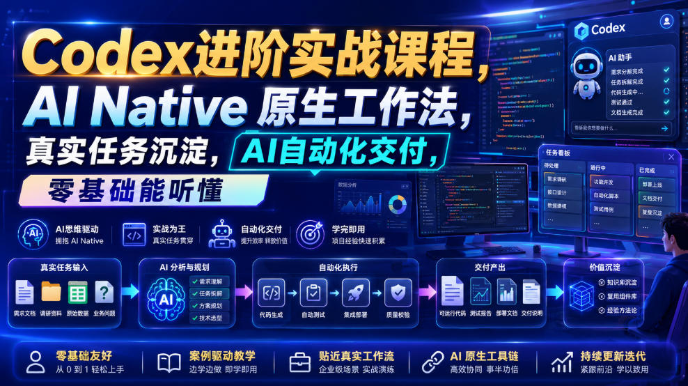Codex进阶实战课｜AI Native原生工作法，22节真实任务落地，从配置到AI自动化交付全链路教程-搞钱利器