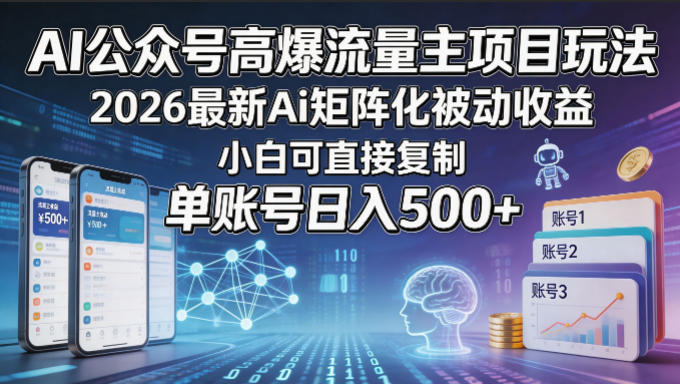 AI公众号高爆流量主项目玩法，2026最新Ai矩阵化被动收益，小白可直接复制，单账号日入500+-搞钱利器