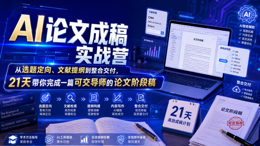 AI论文成稿实战营，从选题定向、文献提纲到整合交付，21天带你完成一篇可交导师的论文阶段稿-搞钱利器