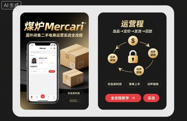 煤炉Mercari国外闲鱼二手电商运营实战全流程，仿品高利润，简单上手，闷声搞钱-搞钱利器