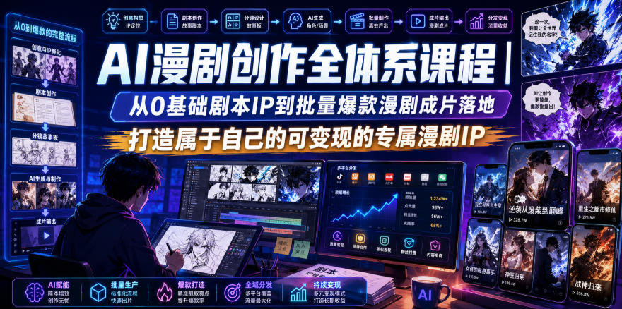 AI漫剧创作全体系课程｜从0基础剧本IP到批量爆款漫剧成片落地，打造属于自己的可变现的专属漫剧IP-搞钱利器