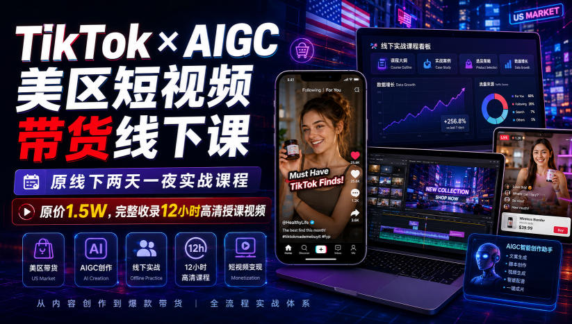 TikTok×AIGC美区短视频带货线下课，原线下两天一夜实战课程，原价1.5W，完整收录12小时高清授课视频-搞钱利器