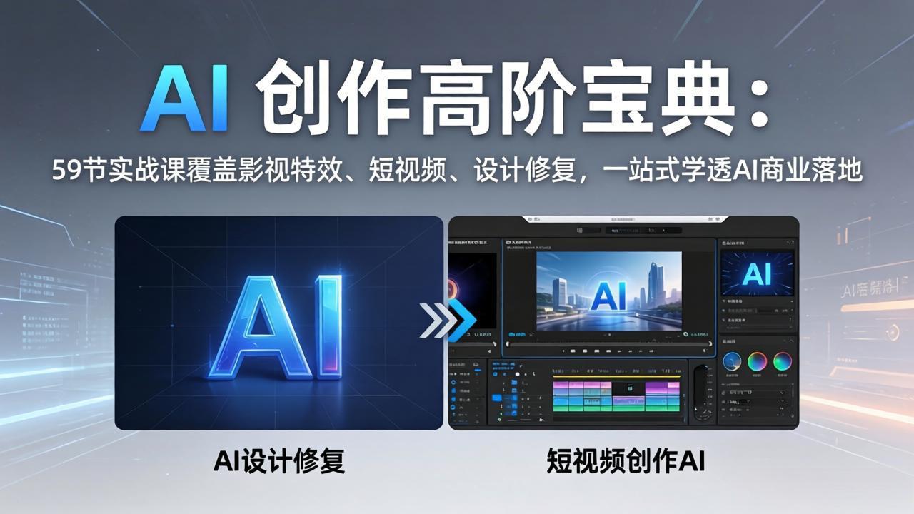 AI 创作高阶宝典：59节实战课覆盖影视特效、短视频、设计修复，一站式学透AI商业落地-搞钱利器