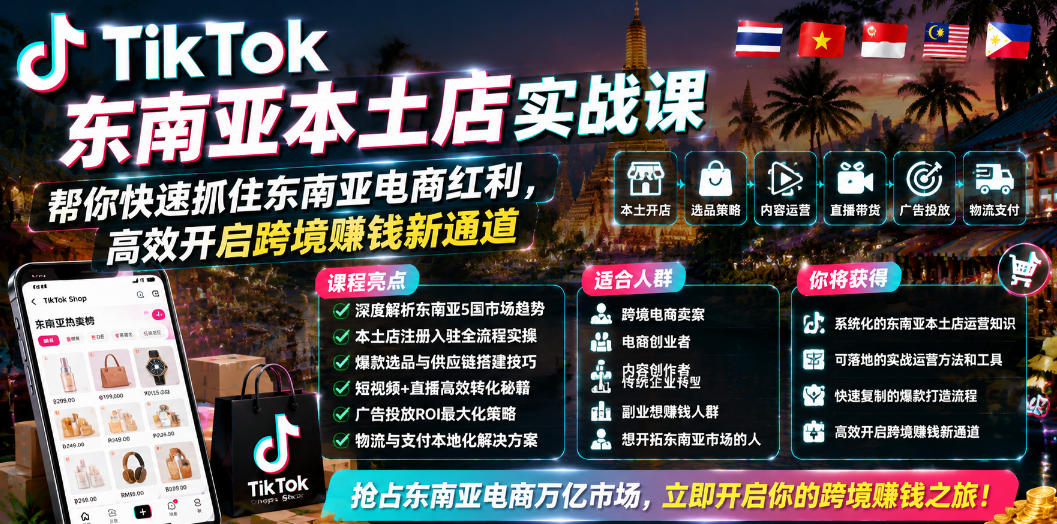 TikTok东南亚本土店实战课，帮你快速抓住东南亚电商红利，高效开启跨境賺钱新通道-搞钱利器