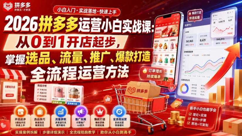 2026拼多多运营小白实战课：从0到1开店起步，掌握选品、流量、推广、爆款打造全流程运营方法-搞钱利器
