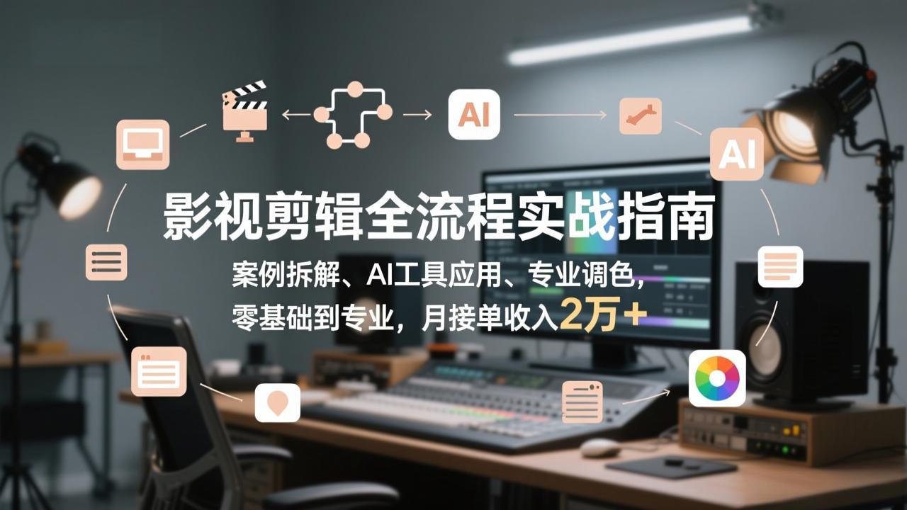 影视剪辑全流程实战指南，案例拆解、AI工具应用、专业调色，零基础到专业，月接单收入2万+-搞钱利器