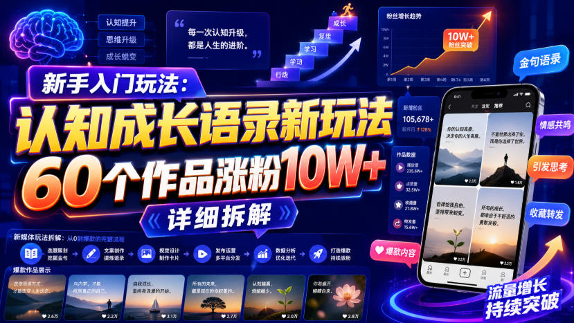 新手入门玩法：认知成长语录新玩法，60个作品涨粉10W+，详细拆解-搞钱利器