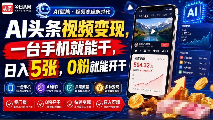 AI头条视频变现，一台手机就能干，日入5张，0粉就能开干-搞钱利器