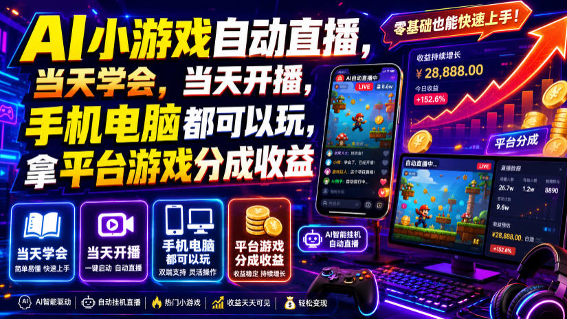 AI小游戏自动直播，当天学会，当天开播，手机电脑都可以玩，拿平台游戏分成收益-搞钱利器